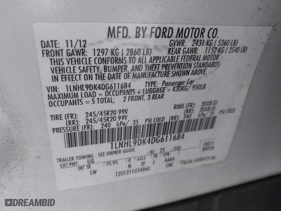 2013 Lincoln MKS with VIN 1LNHL9DK4DG611684, listed as a IAAI auction lot 42043879 with 132,866 mi miles. Bid and sale history available at carsss.com. Image 9.