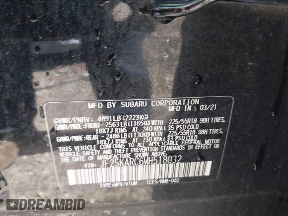 2021 Subaru Forester Special Sports with VIN JF2SKARC6MH518032, listed as a IAAI auction lot 42243888 with 150,715 mi miles and . Bid and sale history available at DreamBid. Image 9.