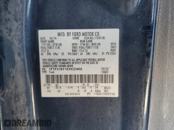 2014 Ford F-150 XL with VIN 1FTFX1EF1EKE23402, listed as a Copart auction lot 59042895 with 108,844 mi miles and Salvage title. Bid and sale history available at DreamBid. Image 12.