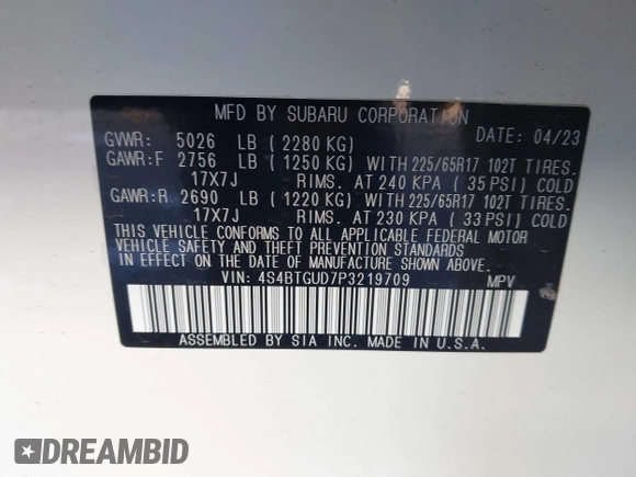 2023 Subaru Outback Wilderness with VIN 4S4BTGUD7P3219709, listed as a IAAI auction lot 41455031 with 18,149 mi miles and . Bid and sale history available at DreamBid. Image 9.