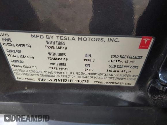 2015 Tesla Model S 85D with VIN 5YJSA1E21FF116775, listed as a IAAI auction lot 41876772 with 128,805 mi miles. Bid and sale history available at carsss.com. Image 9.
