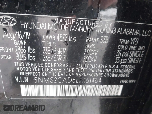 2020 Hyundai Santa Fe SE with VIN 5NMS2CAD8LH161464, listed as a IAAI auction lot 42353895 with 70,429 mi miles and . Bid and sale history available at DreamBid. Image 9.