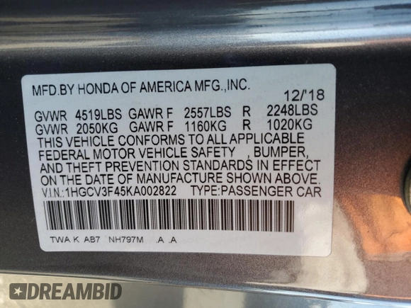 2019 Honda Accord EX with VIN 1HGCV3F45KA002822, listed as a Copart auction lot 63670875 with Not provided miles and Salvage title. Bid and sale history available at DreamBid. Image 12.