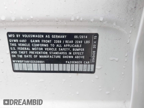2014 Volkswagen CC R-Line с VIN WVWBP7AN1EE539891, выставлен на аукционе IAAI как лот 41976414 с пробегом 144 510 миль миль и . История ставок и продаж доступна на DreamBid. Изображение 9.