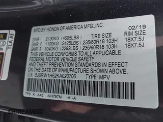 2019 Honda CR-V EX with VIN 5J6RW1H52KA020706, listed as a IAAI auction lot 42047326 with 1 mi miles. Bid and sale history available at carsss.com. Image 9.