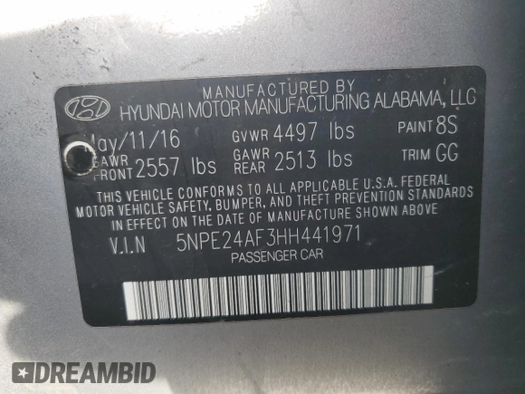 2017 Hyundai Sonata 2.4L with VIN 5NPE24AF3HH441971, listed as a Copart auction lot 48954245 with Not Provided miles and Salvage Title. Bid and sale history available at DreamBid. Image 14.