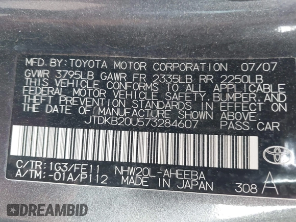 2007 Toyota Prius with VIN JTDKB20U573284607, listed as a IAAI auction lot 42099736 with 243,976 mi miles. Bid and sale history available at carsss.com. Image 9.