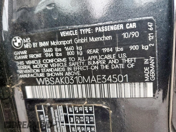 1991 BMW M3 z VIN WBSAK0310MAE34501, wystawiony jako Copart lot #45642275 z przebiegiem 129 936 mil mil oraz Czysty tytuł • Clean title. Historia ofert i sprzedaży dostępna na DreamBid. Obrazek 13.