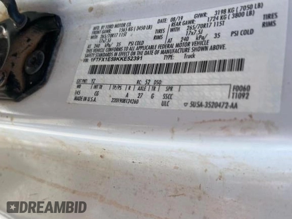 2019 Ford F-150 XL with VIN 1FTFX1E59KKE52391, listed as a Copart auction lot 52973455 with 144,589 mi miles and Clean Title. Bid and sale history available at carsss.com. Image 10.