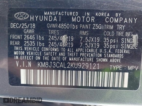 2019 Hyundai Tucson Ultimate with VIN KM8J3CAL2KU929121, listed as a IAAI auction lot 40793502 with 142,846 mi miles. Bid and sale history available at carsss.com. Image 9.