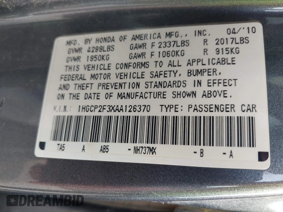 2010 Honda Accord LX z VIN 1HGCP2F3XAA126370, wystawiony jako IAAI lot #42482055 z przebiegiem 356 466 mil mil oraz . Historia ofert i sprzedaży dostępna na DreamBid. Obrazek 9.