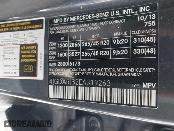 2014 Mercedes-Benz M 350 with VIN 4JGDA5JB2EA319263, listed as a IAAI auction lot 41464225 with 169,292 mi miles and . Bid and sale history available at DreamBid. Image 9.