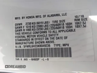 2019 Honda Odyssey LX with VIN 5FNRL6H23KB049236, listed as a IAAI auction lot 41633339 with 96,000 mi miles and . Bid and sale history available at DreamBid. Image 9.
