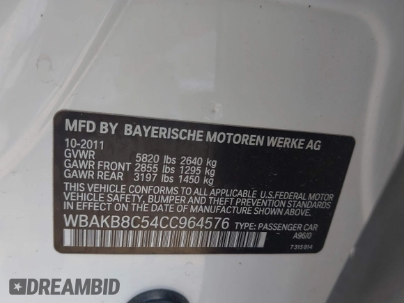 2012 BMW 7 Series 750Li with VIN WBAKB8C54CC964576, listed as a IAAI auction lot 42499443 with 78,728 mi miles and . Bid and sale history available at DreamBid. Image 9.