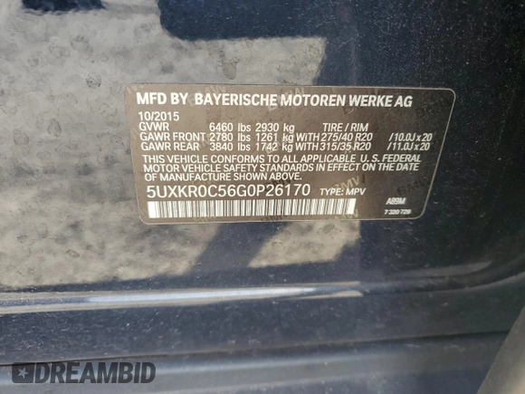 2016 BMW X5 xDrive35i with VIN 5UXKR0C56G0P26170, listed as a Copart auction lot 46697445 with 94,526 mi miles and Non Repairable. Bid and sale history available at carsss.com. Image 13.