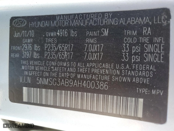 2010 Hyundai Santa Fe GLS with VIN 5NMSG3AB9AH400386, listed as a Copart auction lot 48658275 with 175,208 mi miles and Salvage Title. Bid and sale history available at carsss.com. Image 15.