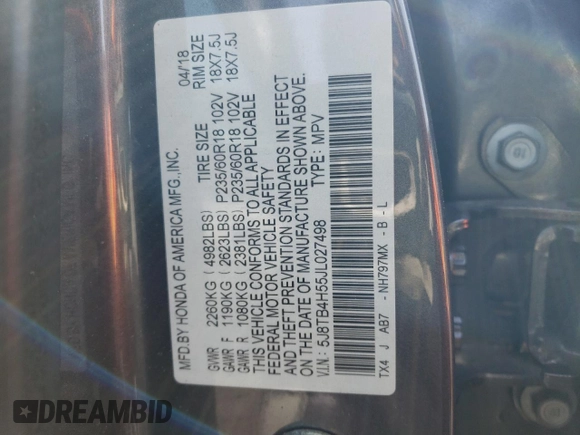 2018 Acura RDX Technology z VIN 5J8TB4H55JL027498, wystawiony jako Copart lot #45851735 z przebiegiem 71 037 mil mil oraz Szkoda całkowita • Salvage title. Historia ofert i sprzedaży dostępna na DreamBid. Obrazek 15.