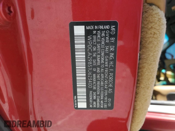 2001 Porsche Boxster with VIN WP0CA29851U623400, listed as a Copart auction lot 62940895 with 102,734 mi miles and Salvage title. Bid and sale history available at DreamBid. Image 12.