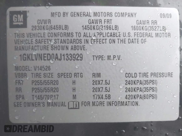 2010 GMC Acadia SLT2 with VIN 1GKLVNED0AJ133929, listed as a IAAI auction lot 41458136 with 163,629 mi miles and . Bid and sale history available at DreamBid. Image 9.