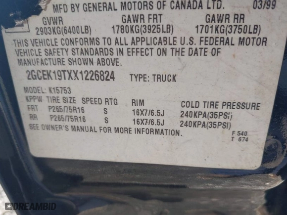 1999 Chevrolet Silverado 1500 LS with VIN 2GCEK19TXX1226824, listed as a IAAI auction lot 41750367 with 235,815 mi miles. Bid and sale history available at carsss.com. Image 9.
