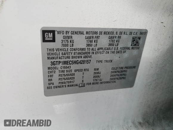 2017 GMC Sierra 1500 SLE z VIN 3GTP1MEC5HG428157, wystawiony jako Copart lot #87615815 z przebiegiem 63 194 mil mil oraz Szkoda całkowita • Salvage title. Historia ofert i sprzedaży dostępna na DreamBid. Obrazek 14.