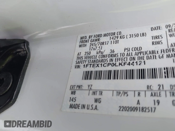 2020 Ford F-150 XL with VIN 1FTEX1CP0LKF44121, listed as a IAAI auction lot 41463875 with 75,264 mi miles and . Bid and sale history available at DreamBid. Image 9.