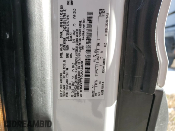 2020 Ford Transit Passenger XL с VIN 1FBAX2Y80LKA23488, выставлен на аукционе Copart как лот 88661675 с пробегом 74 573 миль миль и Списание • Salvage title. История ставок и продаж доступна на DreamBid. Изображение 13.