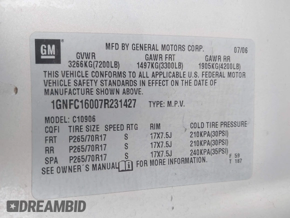 2007 Chevrolet Suburban LT with VIN 1GNFC16007R231427, listed as a IAAI auction lot 40995668 with 168,691 mi miles and . Bid and sale history available at DreamBid. Image 9.