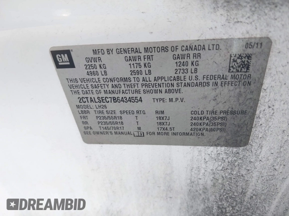 2011 GMC Terrain SLE-2 with VIN 2CTALSEC7B6434554, listed as a IAAI auction lot 42540723 with 168,000 mi miles and . Bid and sale history available at DreamBid. Image 9.