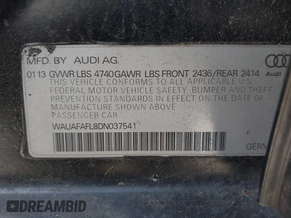 2013 Audi A4 Premium with VIN WAUAFAFL8DN037541, listed as a IAAI auction lot 41949550 with 0 mi miles. Bid and sale history available at carsss.com. Image 9.