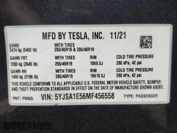 2021 Tesla Model S Long Range z VIN 5YJSA1E56MF456558, wystawiony jako Copart lot #51759745 z przebiegiem 39 537 mil mil oraz Szkoda całkowita • Salvage title. Historia ofert i sprzedaży dostępna na DreamBid. Obrazek 13.