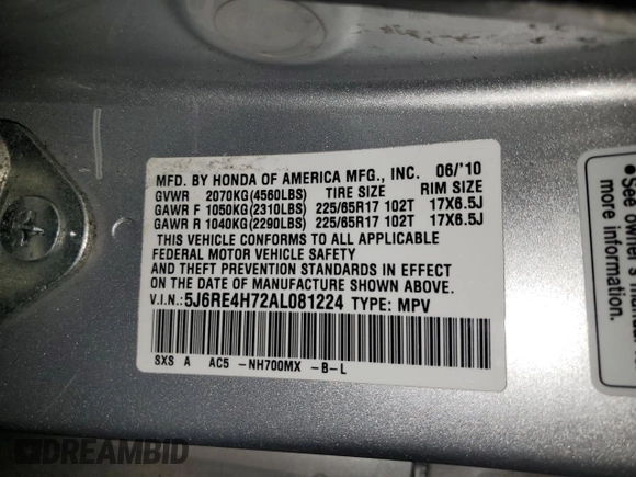 2010 Honda CR-V EX-L z VIN 5J6RE4H72AL081224, wystawiony jako Copart lot #56623965 z przebiegiem 118 621 mil mil oraz Szkoda całkowita • Salvage title. Historia ofert i sprzedaży dostępna na DreamBid. Obrazek 14.