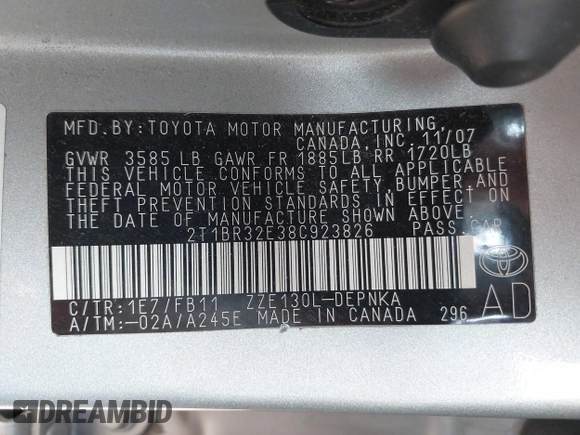 2008 Toyota Corolla CE with VIN 2T1BR32E38C923826, listed as a IAAI auction lot 42151359 with 114,376 mi miles and . Bid and sale history available at DreamBid. Image 9.
