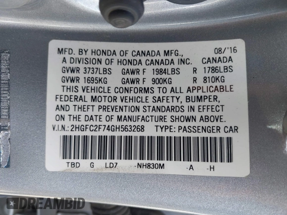 2016 Honda Civic Sedan EX with VIN 2HGFC2F74GH563268, listed as a IAAI auction lot 41805038 with 125,577 mi miles. Bid and sale history available at carsss.com. Image 9.