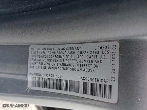 2003 Volkswagen Passat GL with VIN WVWMD63B83P051506, listed as a Copart auction lot 70968654 with 100,066 mi miles and Salvage Title. Bid and sale history available at carsss.com. Image 14.