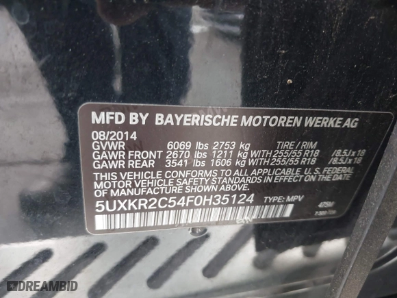 2015 BMW X5 sDrive35i with VIN 5UXKR2C54F0H35124, listed as a IAAI auction lot 41885474 with 88,865 mi miles. Bid and sale history available at carsss.com. Image 9.