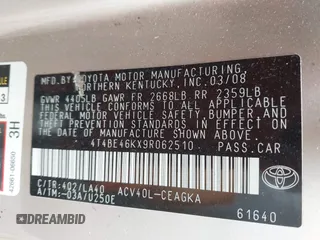 2009 Toyota Camry with VIN 4T4BE46KX9R062510, listed as a IAAI auction lot 42204996 with 177,555 mi miles and . Bid and sale history available at DreamBid. Image 9.
