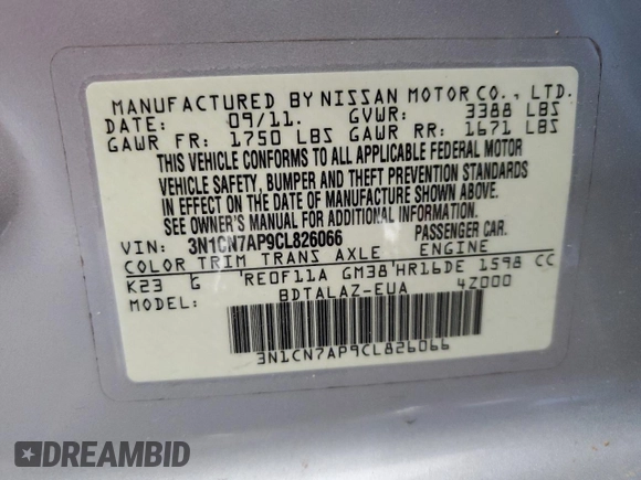 2012 Nissan Versa S with VIN 3N1CN7AP9CL826066, listed as a Copart auction lot 50645295 with 156,732 mi miles and Salvage Title. Bid and sale history available at carsss.com. Image 13.