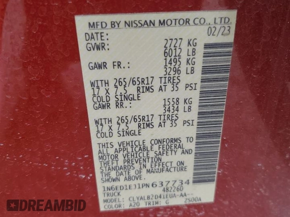 2023 Nissan Frontier SV with VIN 1N6ED1EJ1PN637734, listed as a Copart auction lot 57249355 with Not provided miles and Salvage title. Bid and sale history available at DreamBid. Image 12.