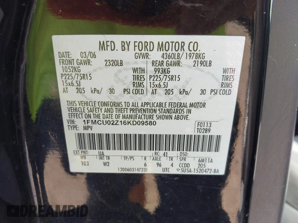2006 Ford Escape XLS with VIN 1FMCU02Z16KD09580, listed as a IAAI auction lot 42663224 with 225,332 mi miles and . Bid and sale history available at DreamBid. Image 9.