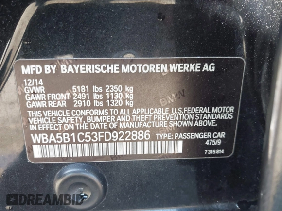 2015 BMW 5 Series 535i with VIN WBA5B1C53FD922886, listed as a IAAI auction lot 41471826 with 202,074 mi miles and . Bid and sale history available at carsss.com. Image 9.