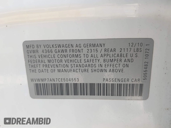2012 Volkswagen CC Sport with VIN WVWMP7AN7CE504553, listed as a IAAI auction lot 42469902 with 141,634 mi miles and . Bid and sale history available at DreamBid. Image 9.