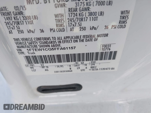 2015 Ford F-150 XL with VIN 1FTEW1CG5FFA61157, listed as a IAAI auction lot 41299436 with 145,310 mi miles. Bid and sale history available at carsss.com. Image 9.