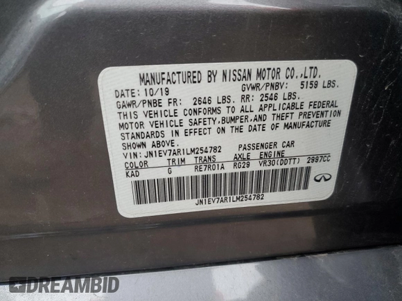 2020 Infiniti Q50 3.0t LUXE with VIN JN1EV7AR1LM254782, listed as a Copart auction lot 51922925 with Not Provided miles and Salvage Title. Bid and sale history available at carsss.com. Image 12.