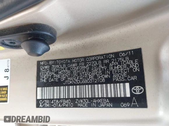 2011 Toyota Prius I with VIN JTDKN3DU6B0312108, listed as a IAAI auction lot 41118894 with Not Provided miles and . Bid and sale history available at DreamBid. Image 9.