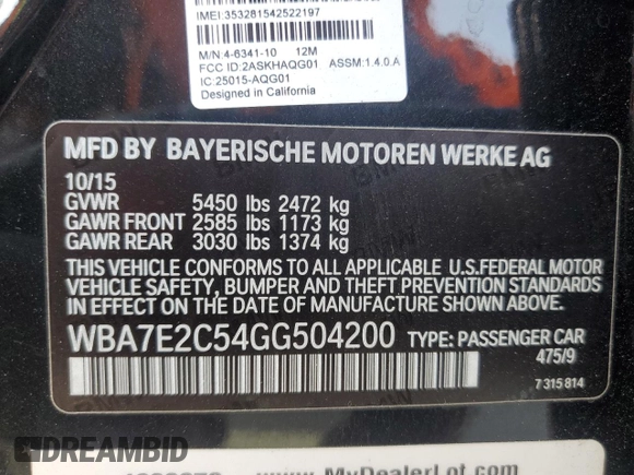 2016 BMW 7 Series 740i с VIN WBA7E2C54GG504200, выставлен на аукционе Copart как лот 46369885 с пробегом 70 606 миль миль и Списание • Salvage title. История ставок и продаж доступна на DreamBid. Изображение 13.