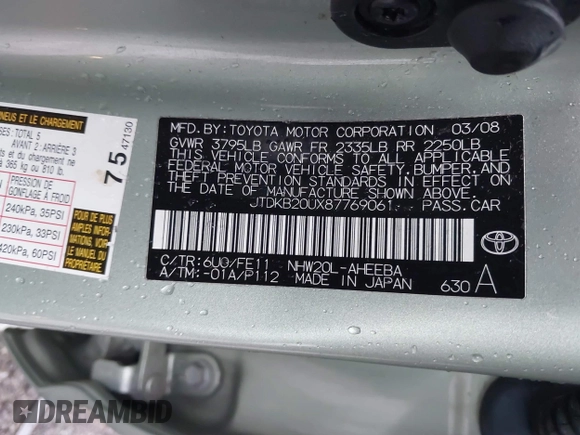 2008 Toyota Prius with VIN JTDKB20UX87769061, listed as a IAAI auction lot 41516347 with Not Provided miles. Bid and sale history available at carsss.com. Image 9.