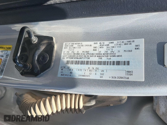2018 Ford F-150 XL с VIN 1FTEW1E56JKF17730, выставлен на аукционе IAAI как лот 42901097 с пробегом 132 276 миль миль и . История ставок и продаж доступна на DreamBid. Изображение 17.