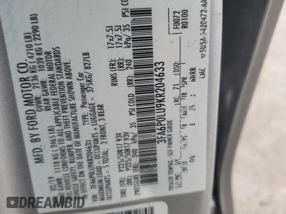 2019 Ford Fusion Hybrid SE with VIN 3FA6P0LU9KR204633, listed as a Copart auction lot 49900503 with 87,709 mi miles. Bid and sale history available at carsss.com. Image 12.