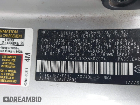 2010 Toyota Camry with VIN 4T4BF3EK8AR079741, listed as a IAAI auction lot 42029803 with 245,276 mi miles and . Bid and sale history available at DreamBid. Image 9.
